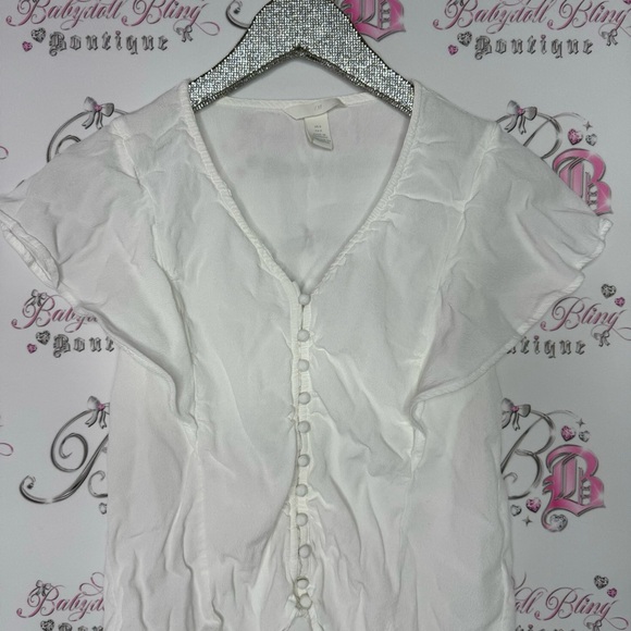 H&M blouse white cream button down style linen type shirt top cute cottagecore - Picture 3 of 7